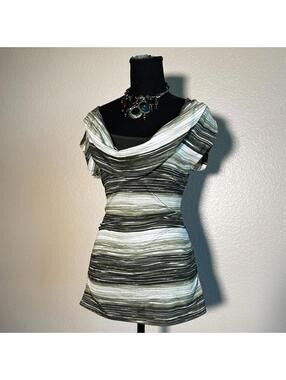 Y2K Olive Green Boho Cowl Neck Top Abstract Striped Fitted Draped Shirt